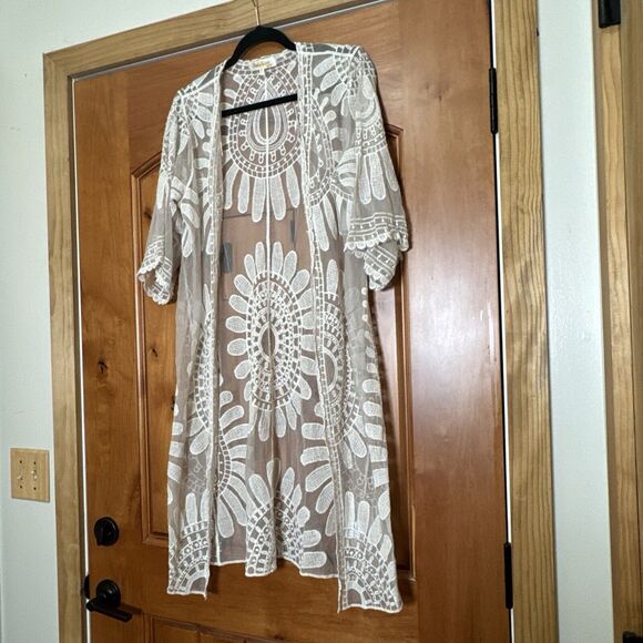 Rebellion Coquette Open Duster‎ Cardigan Antique Cream Embroidered Floral Lace - Picture 3 of 14